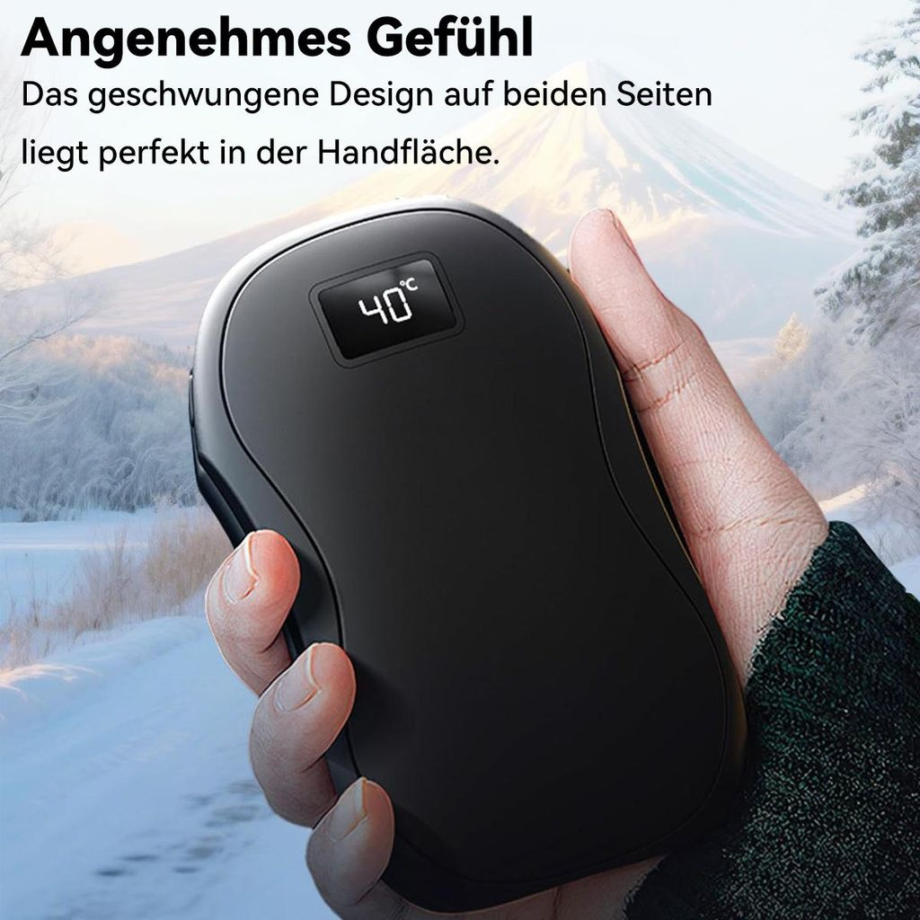 Eine Hand hält einen schwarzen Handwärmer mit digitaler Anzeige von 40°C.