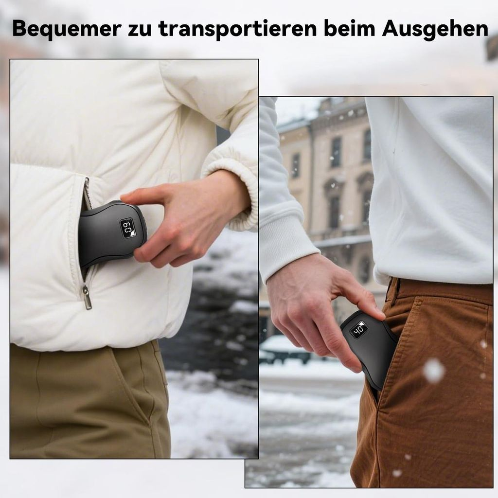 Eine Hand steckt einen schwarzen Handwärmer in eine Jackentasche, eine andere in eine Hosentasche.