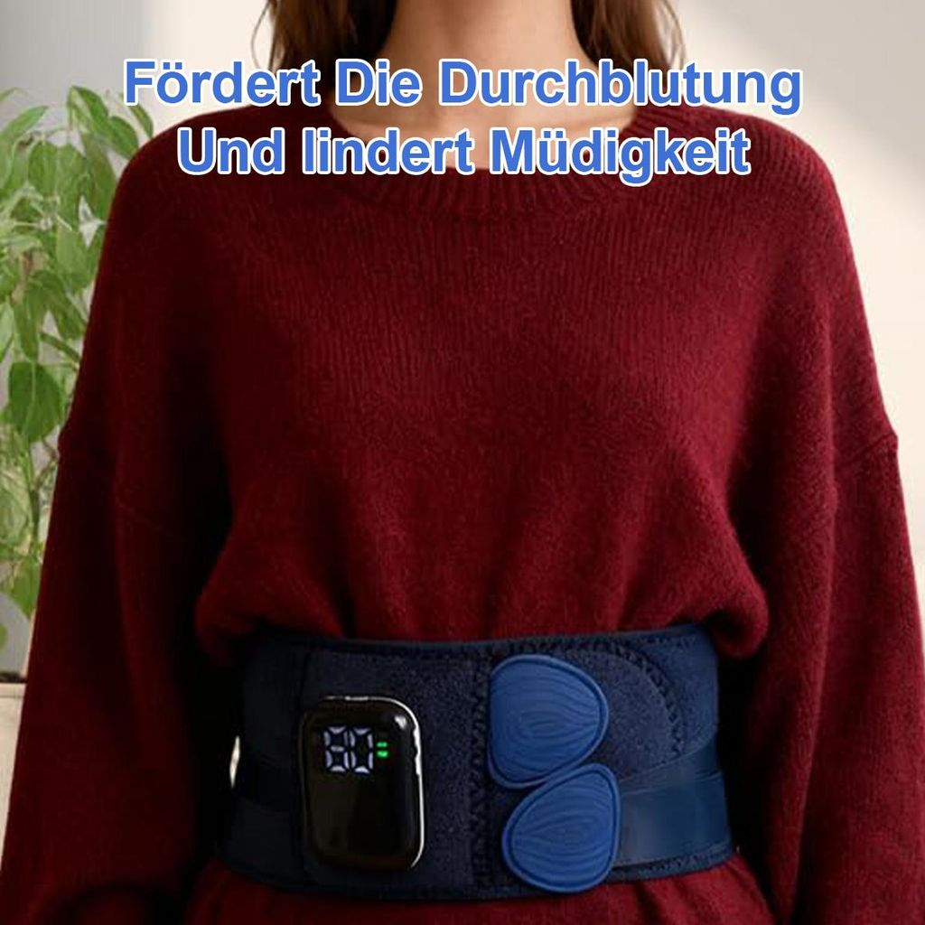 Person mit rotem Pullover und blauem Gürtel mit Display und blauen Pads.