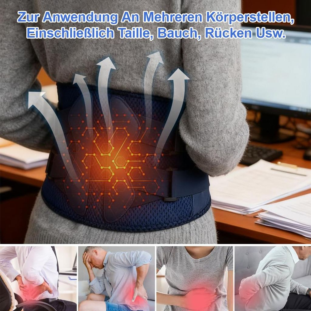 Rückenstütze mit Heizfunktion, zeigt Schmerzbereiche an Bauch, Rücken, Taille.