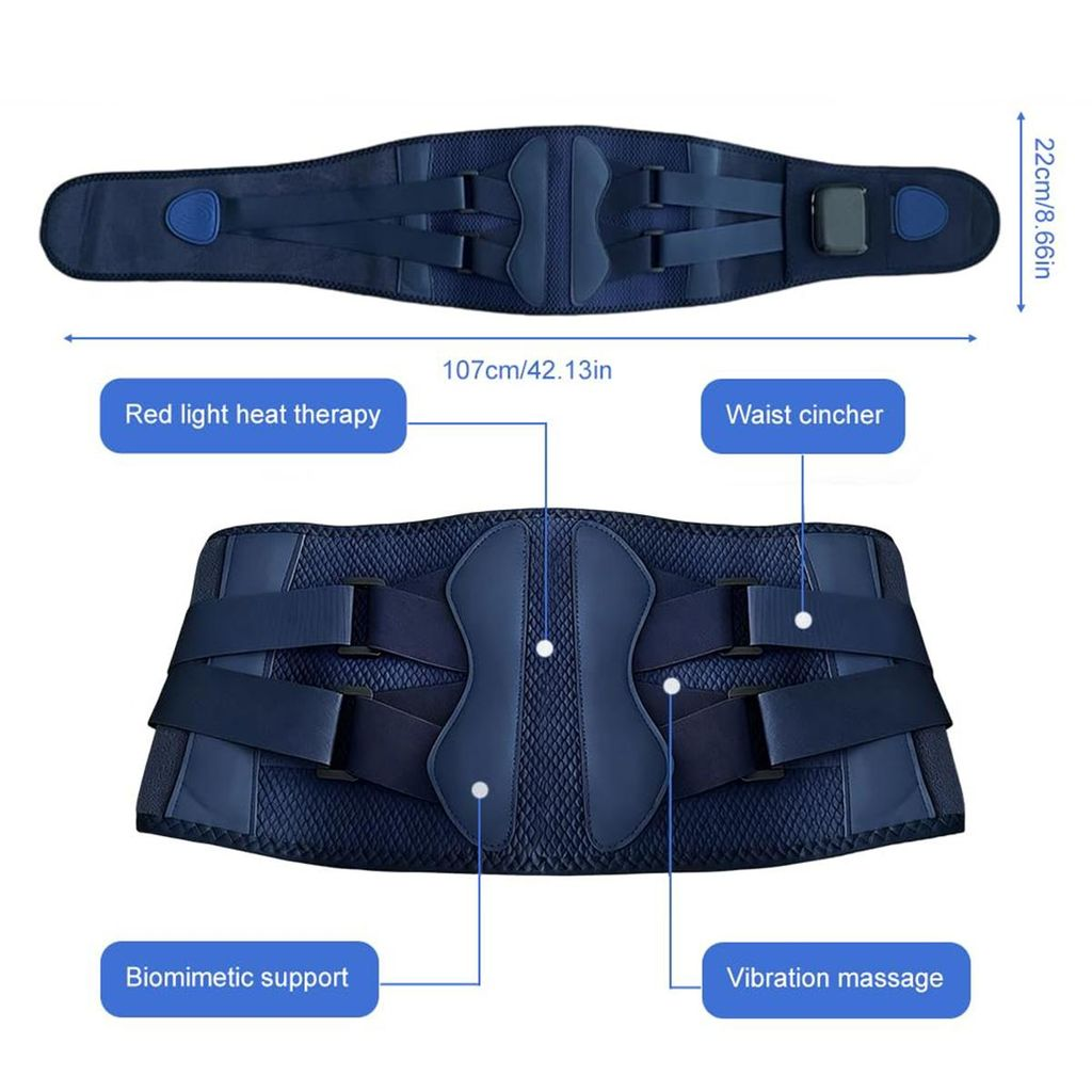 Ein blauer Rückenstützgürtel mit roten Lichttherapie-, Taillen- und Vibrationsmassage-Funktionen.