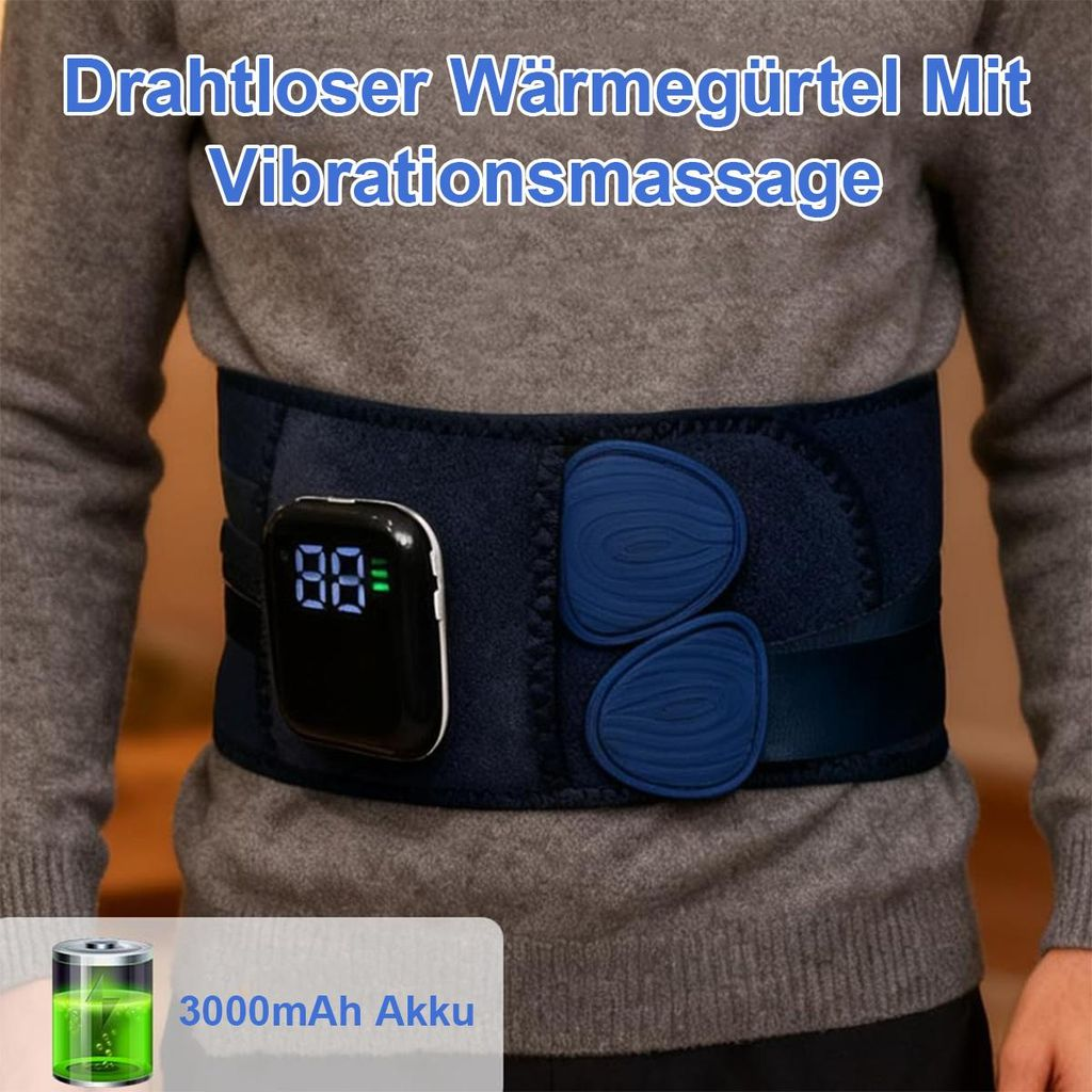 Ein Mann trägt einen blauen Heizgurt mit Vibrationsmassage und Digitalanzeige.