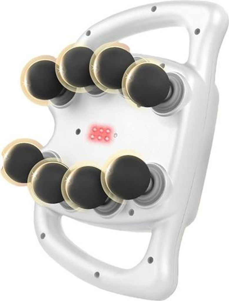 Ein weißes Massagegerät mit mehreren schwarzen Massageköpfen und roten Lichtern.