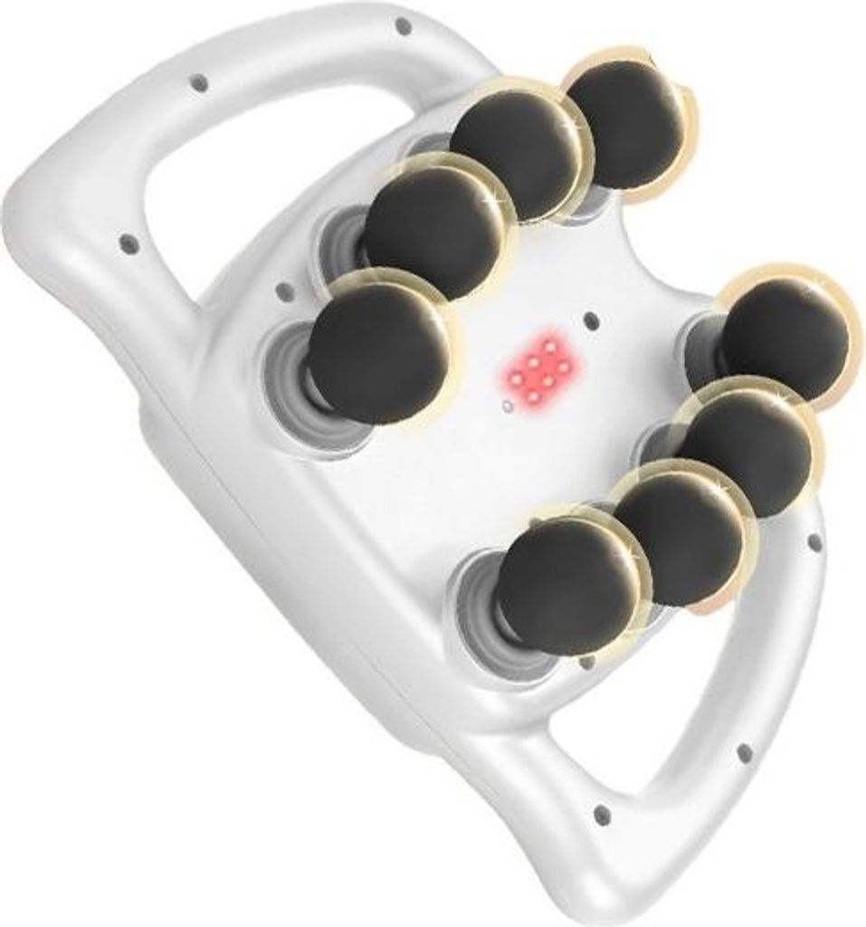 Ein weißes Massagegerät mit mehreren schwarzen Massageköpfen und roten Lichtern.