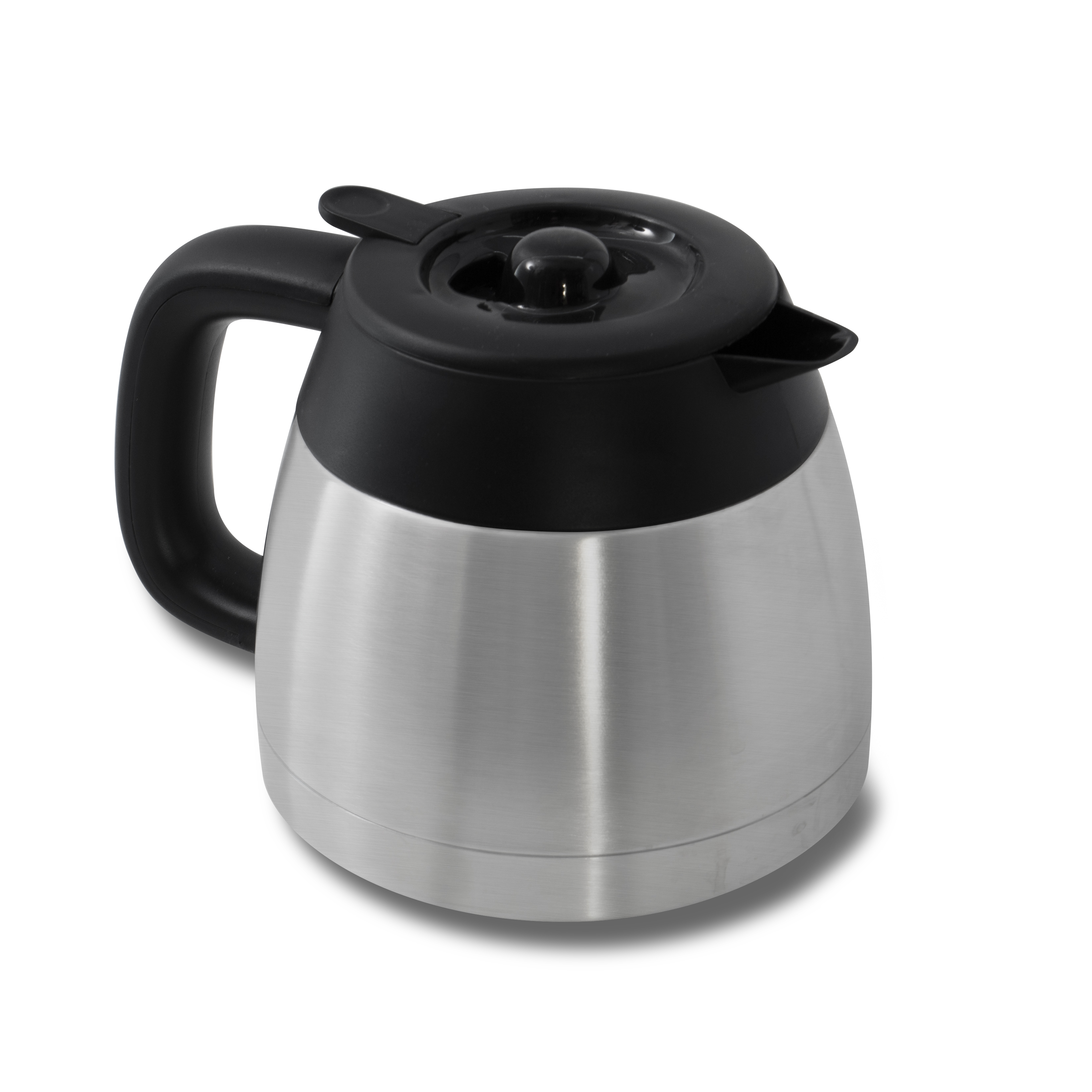 Een zilverkleurige en zwarte koffiekan met een zwart handvat en deksel.