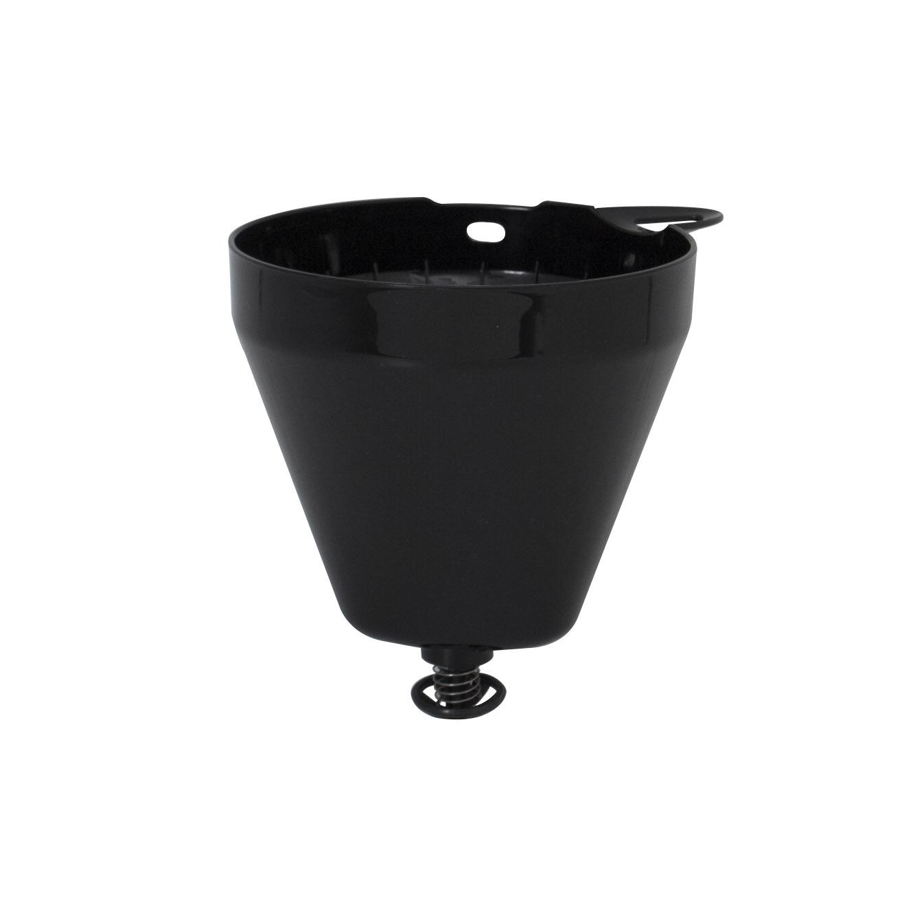 Zwarte plastic koffiefilterhouder met veermechanisme onderaan.