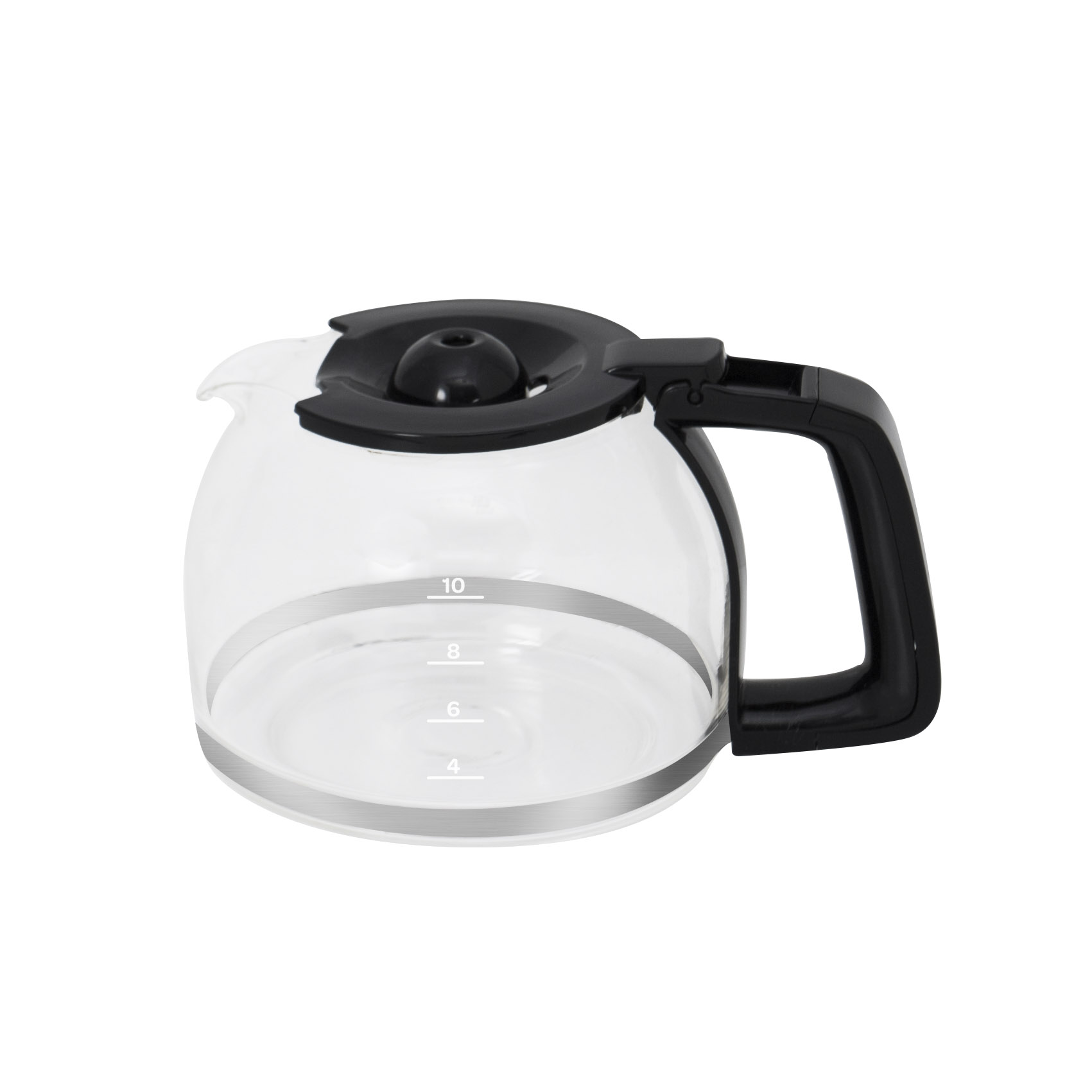 Een glazen koffiekan met zwarte handgreep en deksel, met markeringen voor 4, 6, 8, 10 kopjes.
