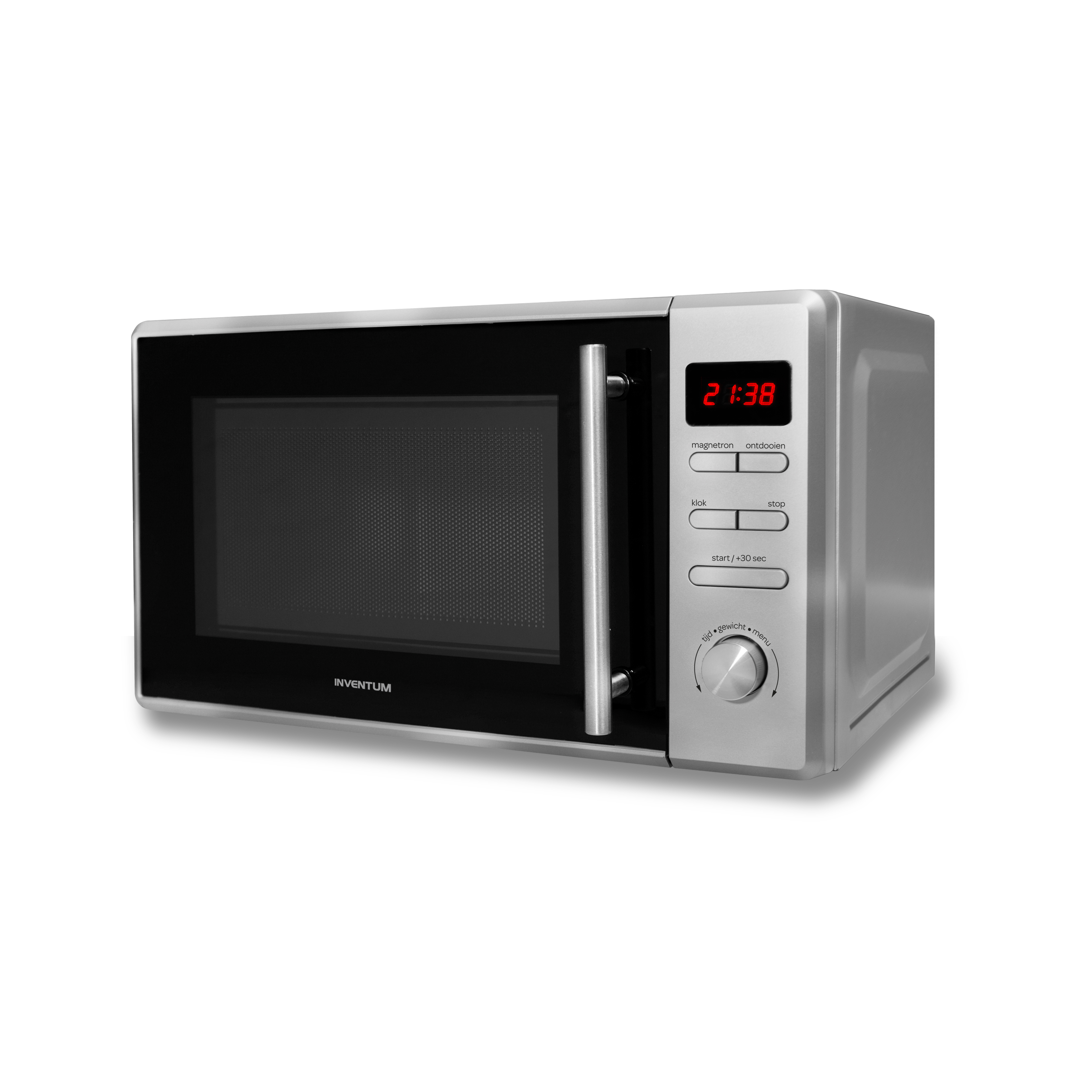 Un four à micro-ondes Inventum argenté avec porte noire et écran numérique.