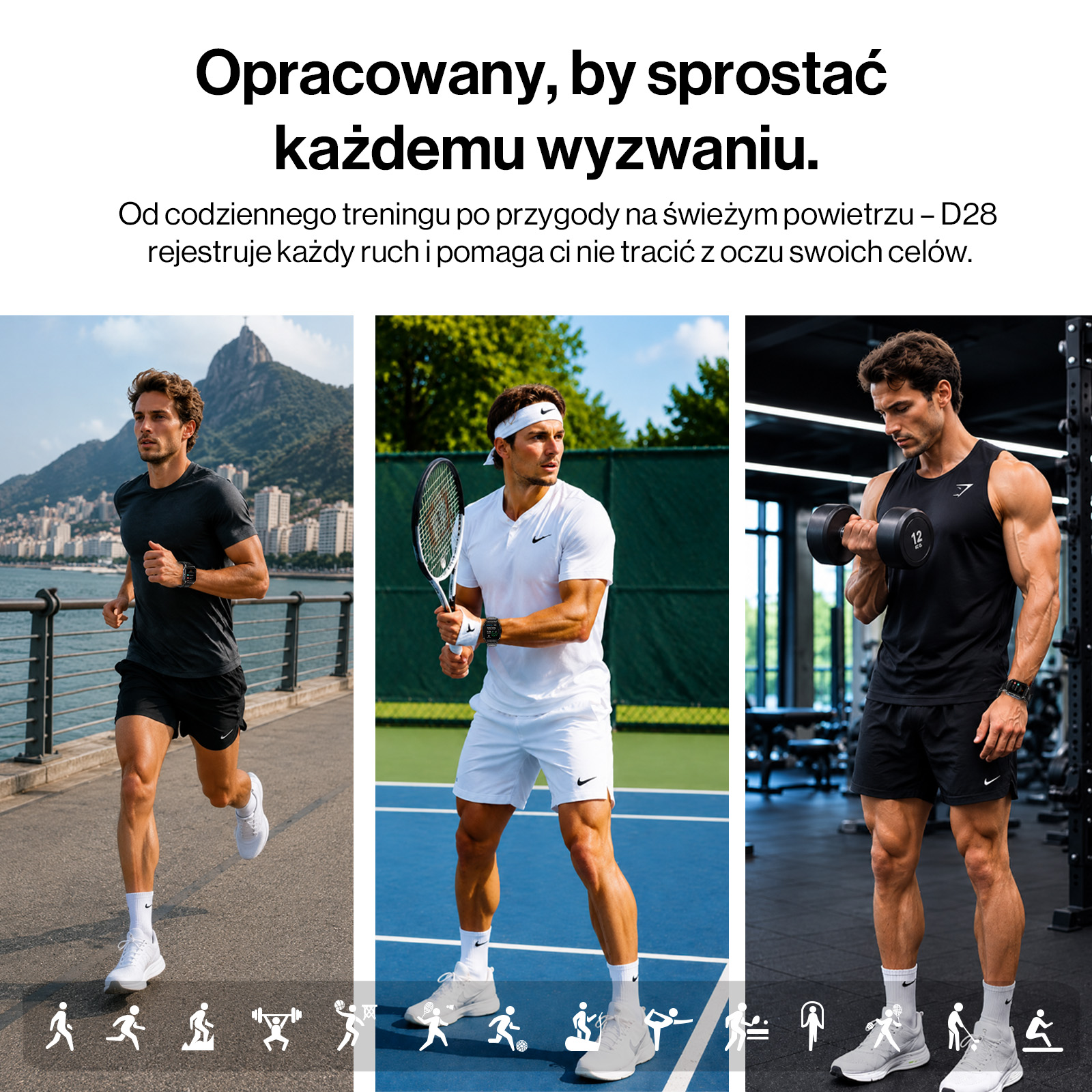 Trzech mężczyzn: biegnie nad morzem, gra w tenisa, podnosi ciężary.
