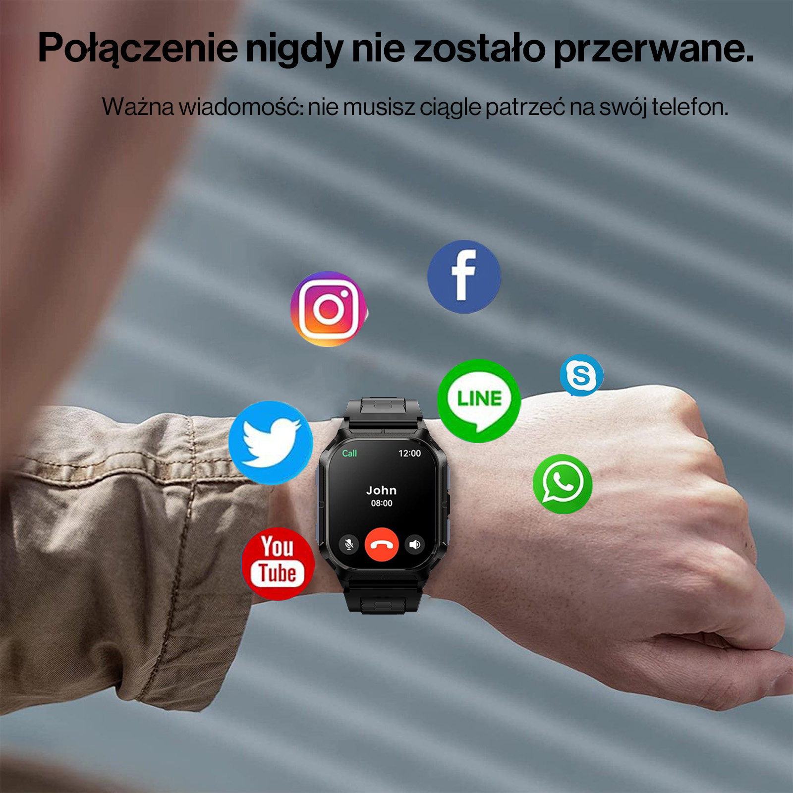 Zegarek pokazuje połączenie od Johna. Ikony: Instagram, Facebook, Twitter, YouTube, Line, Skype, WhatsApp.