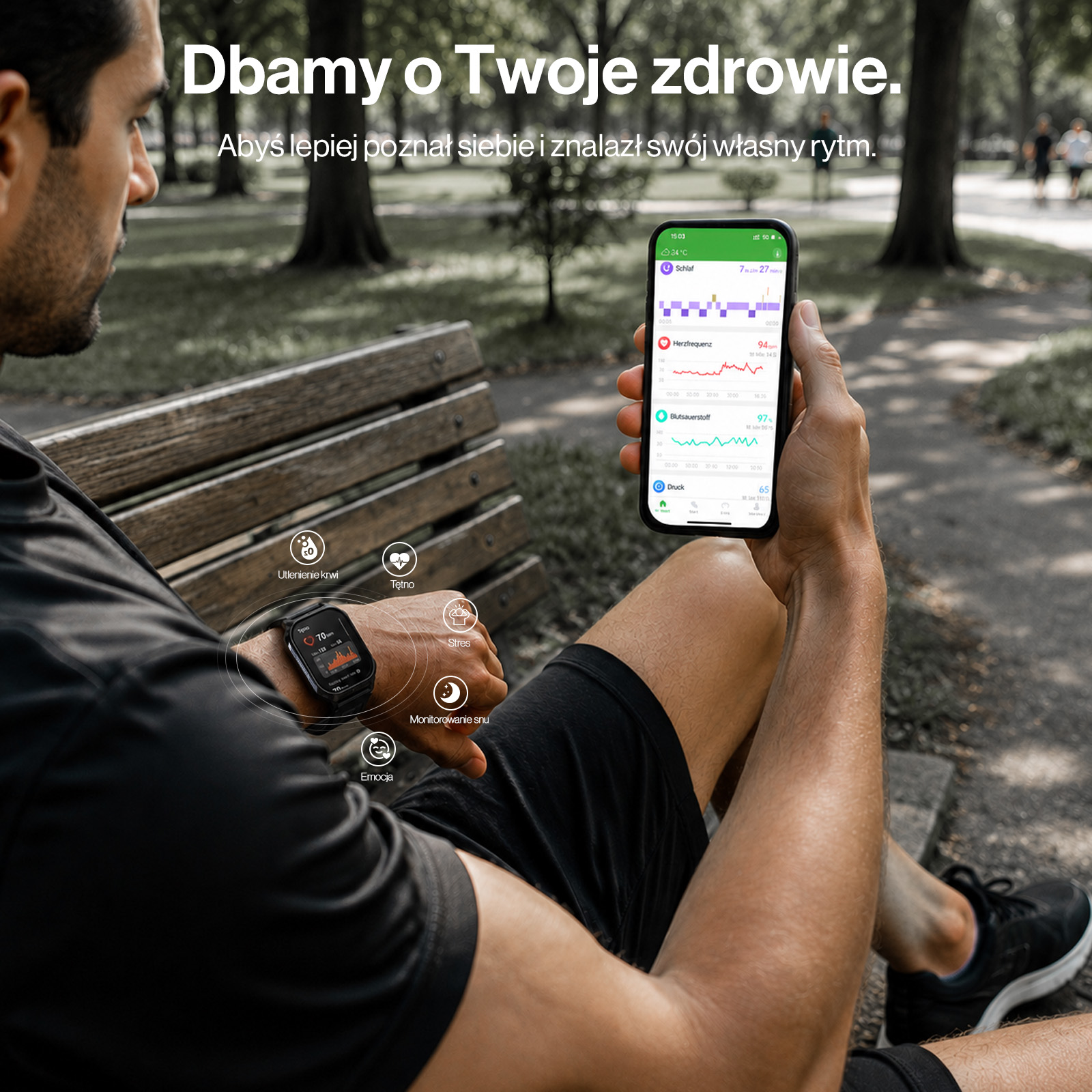 Mężczyzna w parku ze smartwatchem i telefonem pokazującym dane zdrowotne.