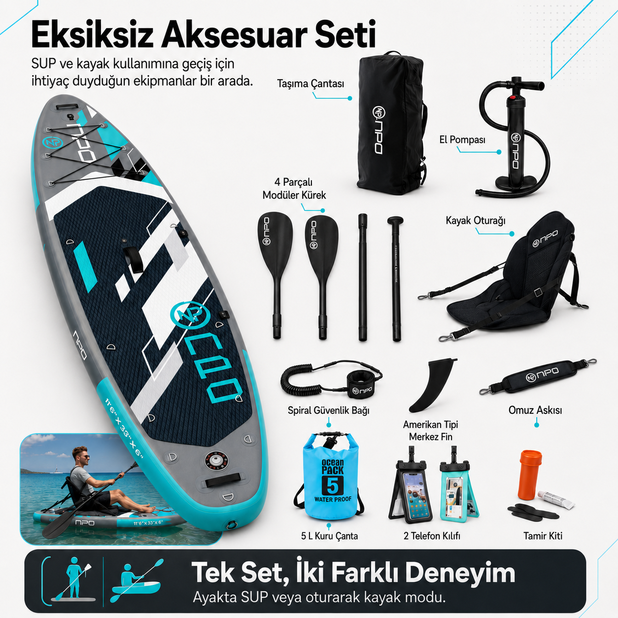 Kürek, pompa, oturak, çanta, tasma, fin ve aksesuarlar içeren bir SUP seti.