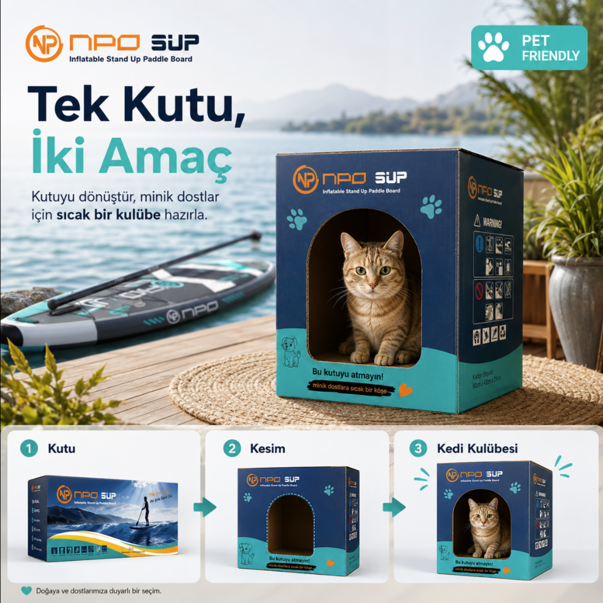 Bir kedi, paddleboard'un yanında kedi evi olarak kullanılan karton kutuda oturuyor.