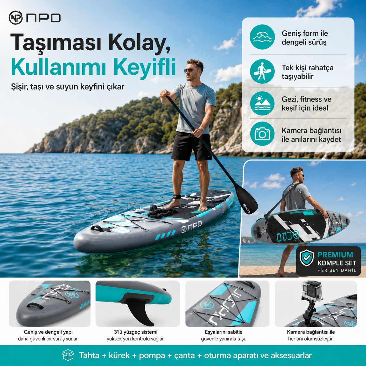 Dağ manzaralı denizde paddleboard üzerinde bir adam. Aksesuarlar gösteriliyor.