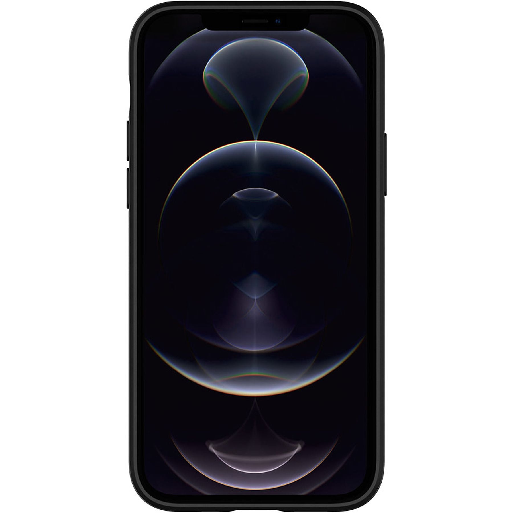 Un iPhone nero con uno sfondo astratto e scuro con effetti di luce.