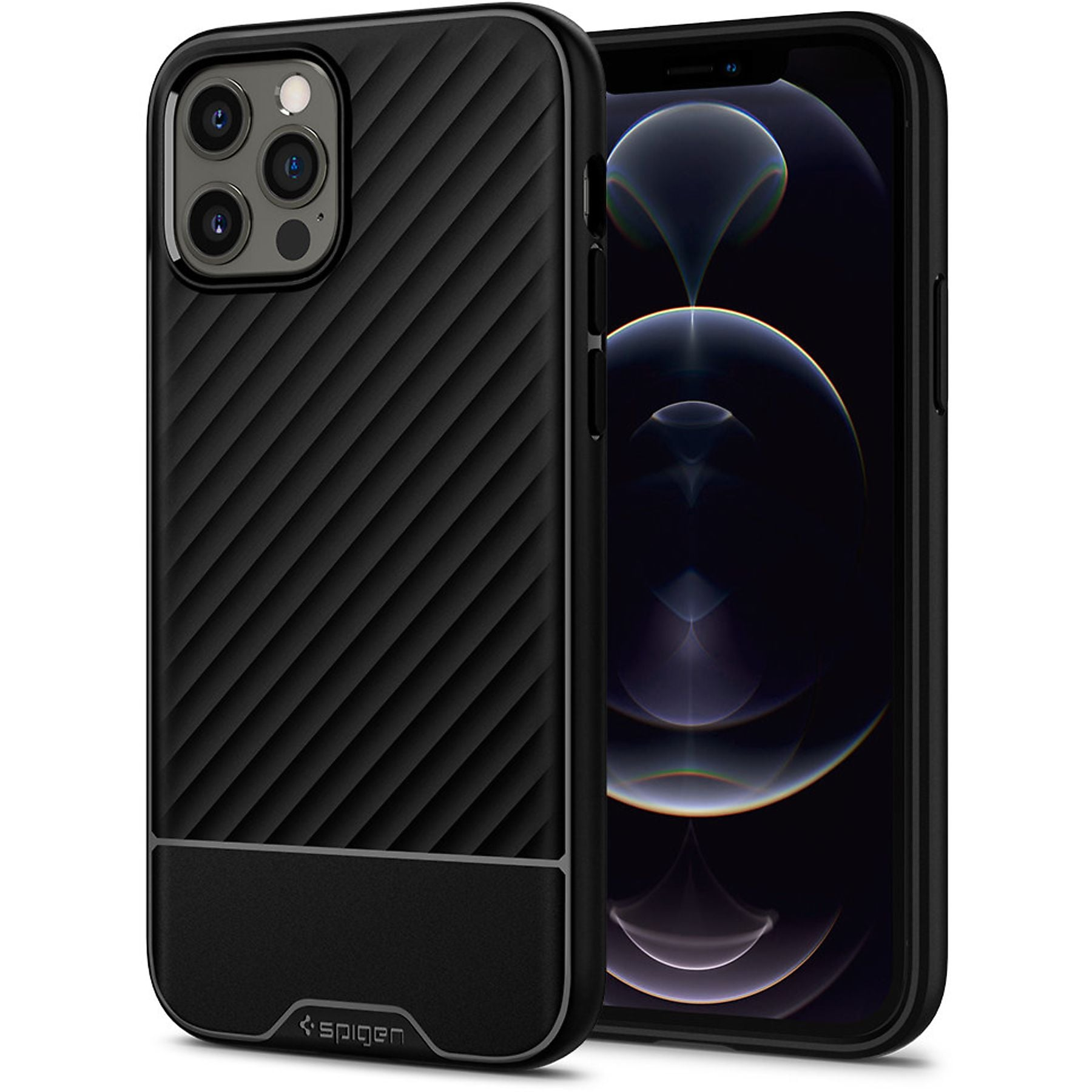iPhone nero con array di fotocamere posteriore e custodia a fantasia diagonale.