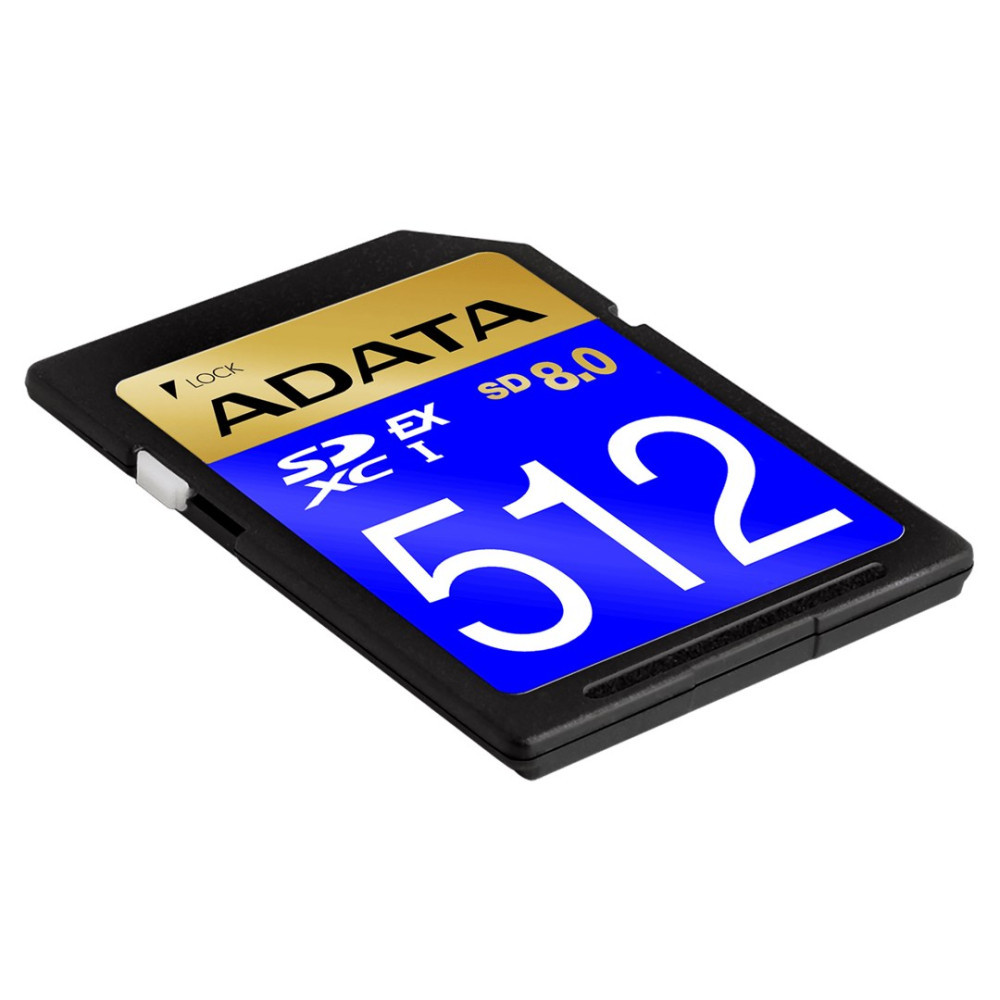 Karta pamięci ADATA 512 GB SDXC 8.0 z niebieską etykietą i złotym napisem.