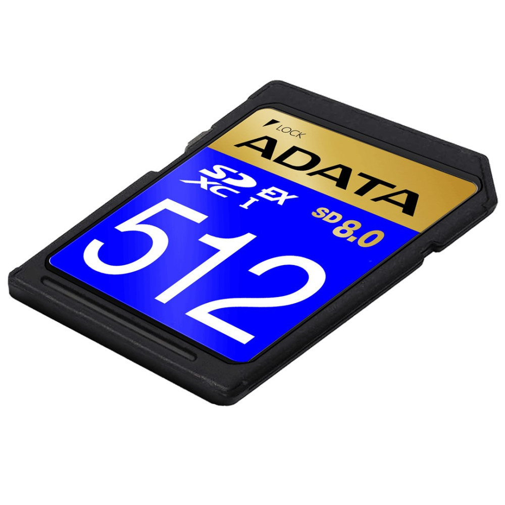 Karta pamięci ADATA 512 GB SDXC I SD 8.0 z niebieską etykietą i srebrnym logo.