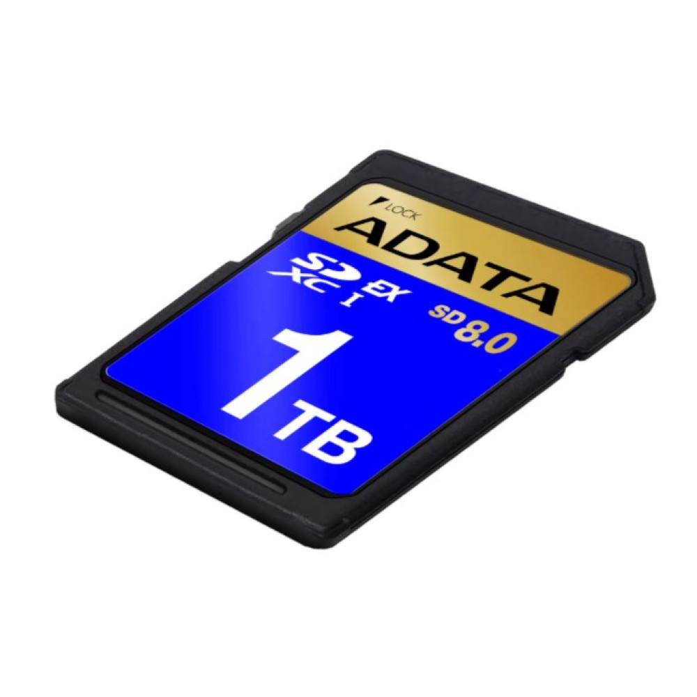 Karta pamięci ADATA 1 TB SDXC z przełącznikiem LOCK, złota i niebieska.