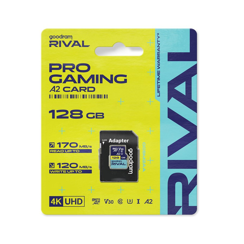 Karta Goodram Rival Pro Gaming A2, 128 GB, z adapterem. Odczyt do 170 MB/s, zapis do 120 MB/s.