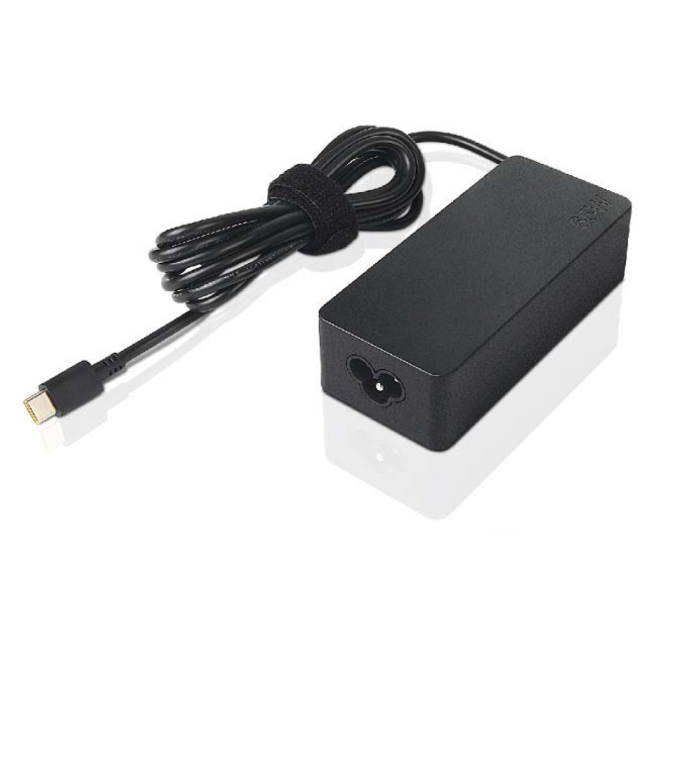 Czarna ładowarka do laptopa z kablem USB-C i paskiem na rzepy.