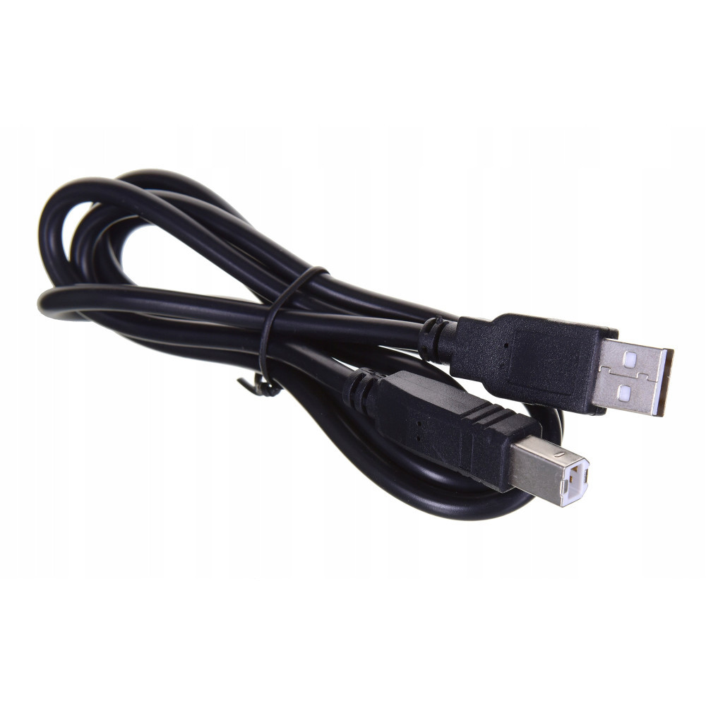 Czarny kabel USB z wtyczkami typu A i B, zwinięty.