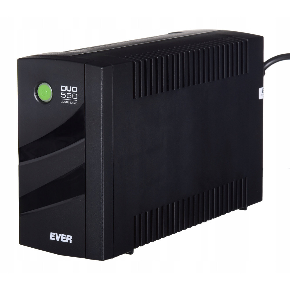 Czarny zasilacz awaryjny EVER DUO 550 AVR USB z zielonym przyciskiem.