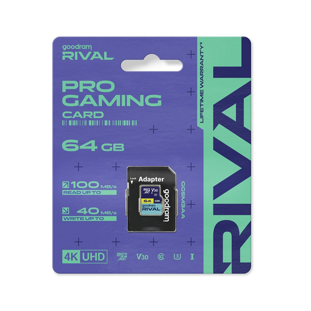 Karta Goodram RIVAL 64 GB Pro Gaming z adapterem, do 100 MB/s odczyt/40 MB/s zapis.