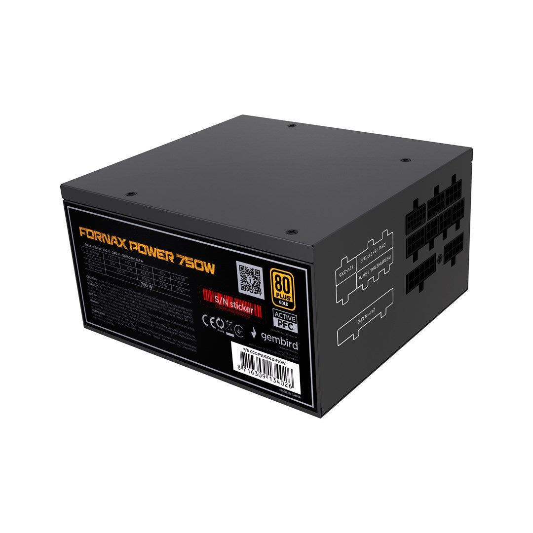 Czarny zasilacz Fornax 750W z certyfikatem 80 Plus Gold i aktywnym PFC.