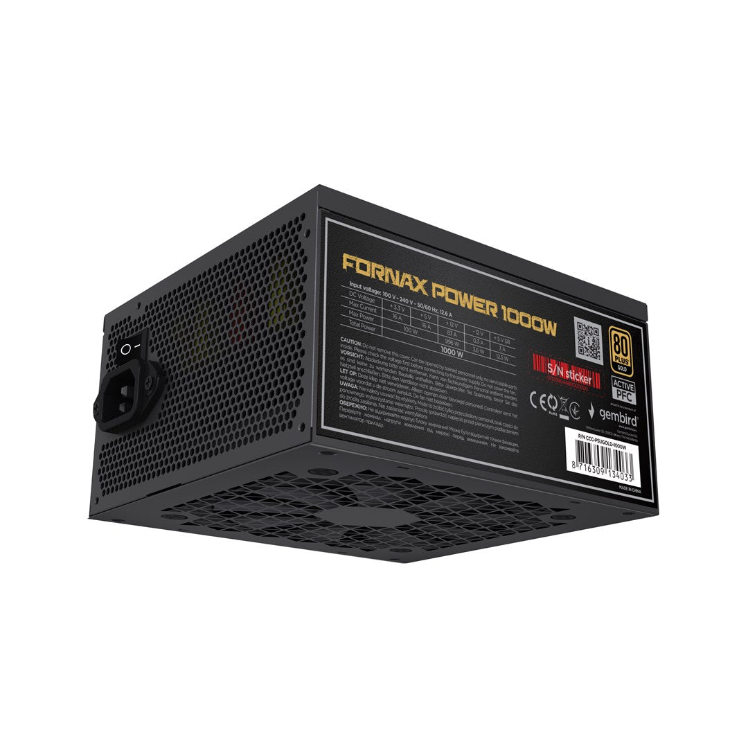 Czarny zasilacz z napisem FORNAX POWER 1000W i specyfikacjami.