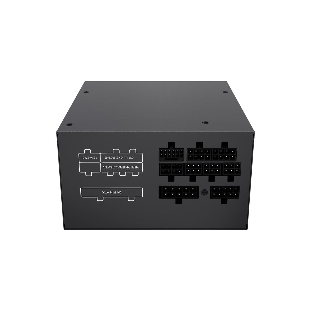 Czarny zasilacz z portami oznaczonymi ATX, CPU, SATA i PCIe.