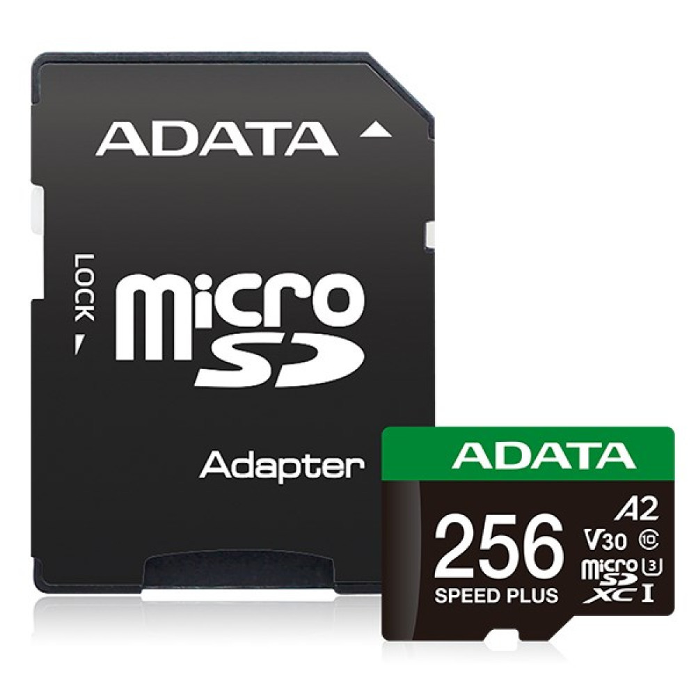Czarny adapter MicroSD i karta MicroSD ADATA 256 GB.