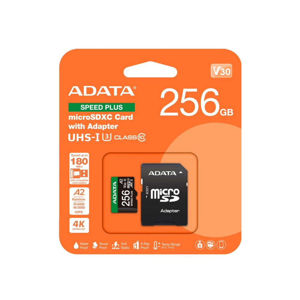Karta ADATA microSDXC 256GB z adapterem, V30, UHS-I, Klasa 10.
