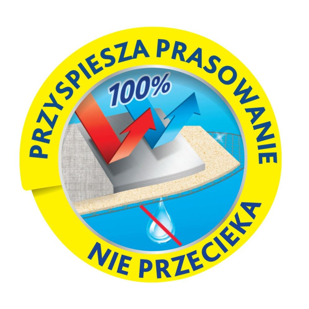 Żółty okrąg z niebieskim tekstem i symbolami: 100%, czerwone i niebieskie strzałki, kropla wody nie przenika.