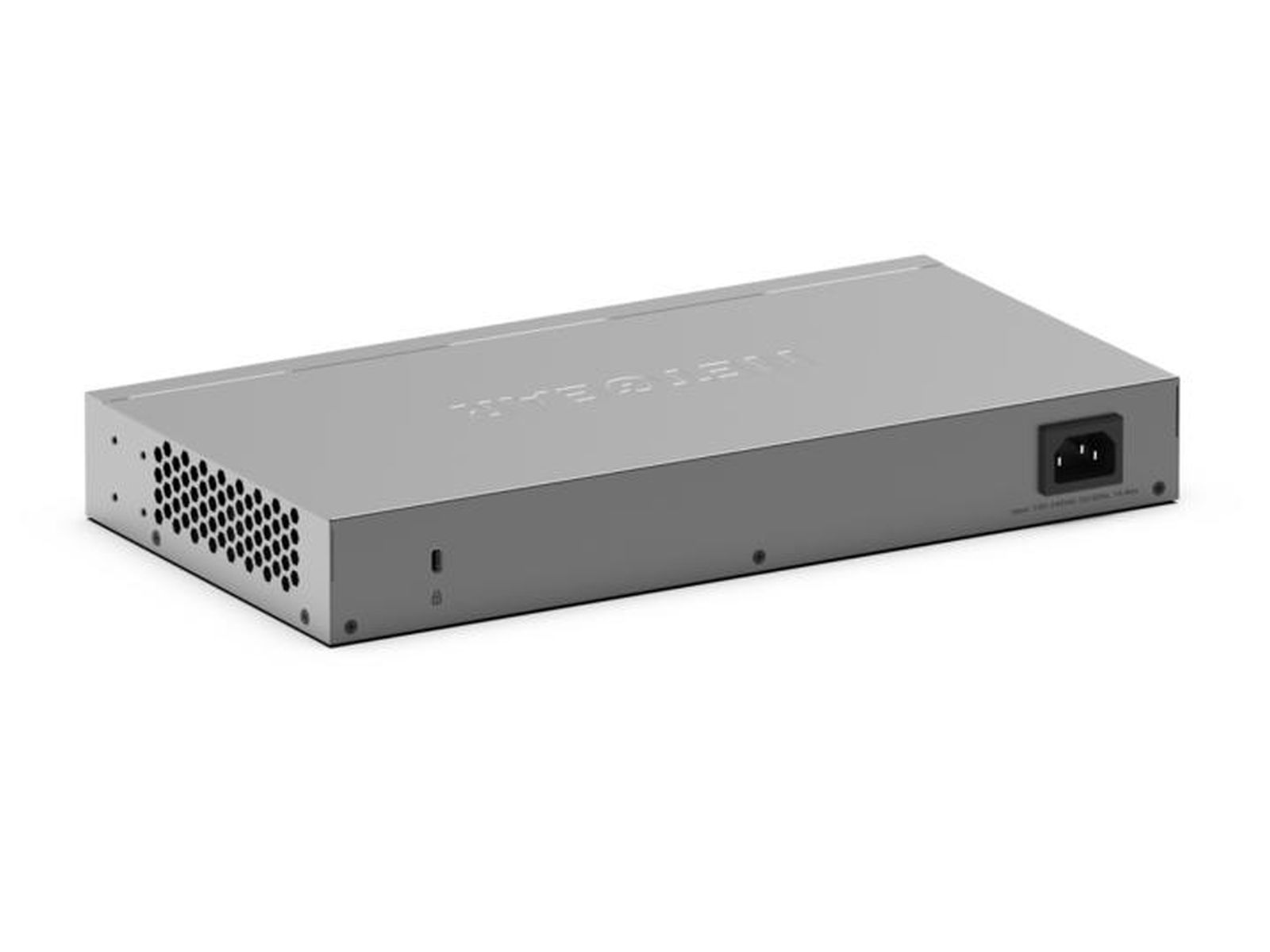 Szara obudowa przełącznika Netgear z otworami wentylacyjnymi i złączem zasilania.
