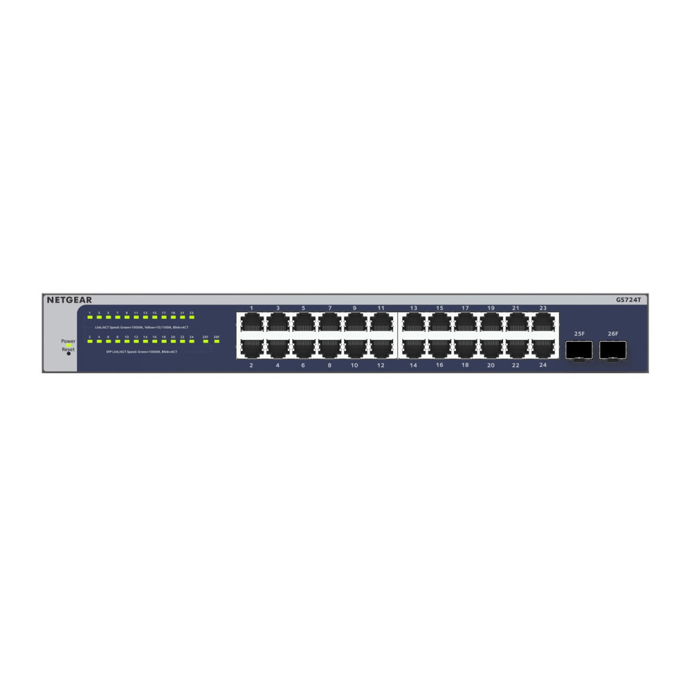 24-portowy przełącznik Gigabit Ethernet Netgear GS724T z przyciskami zasilania i resetowania.