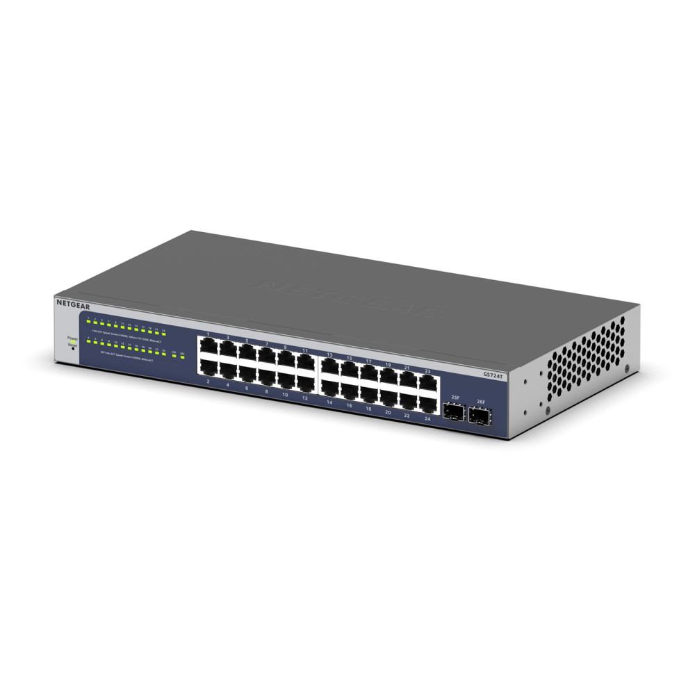 Szary 24-portowy przełącznik sieciowy Netgear z niebieskim panelem przednim.