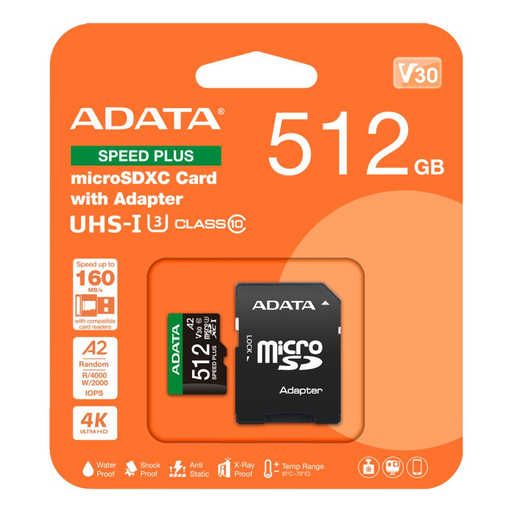 Karta ADATA microSDXC 512 GB z adapterem, UHS-I, V30, A2, 4K Ultra HD.
