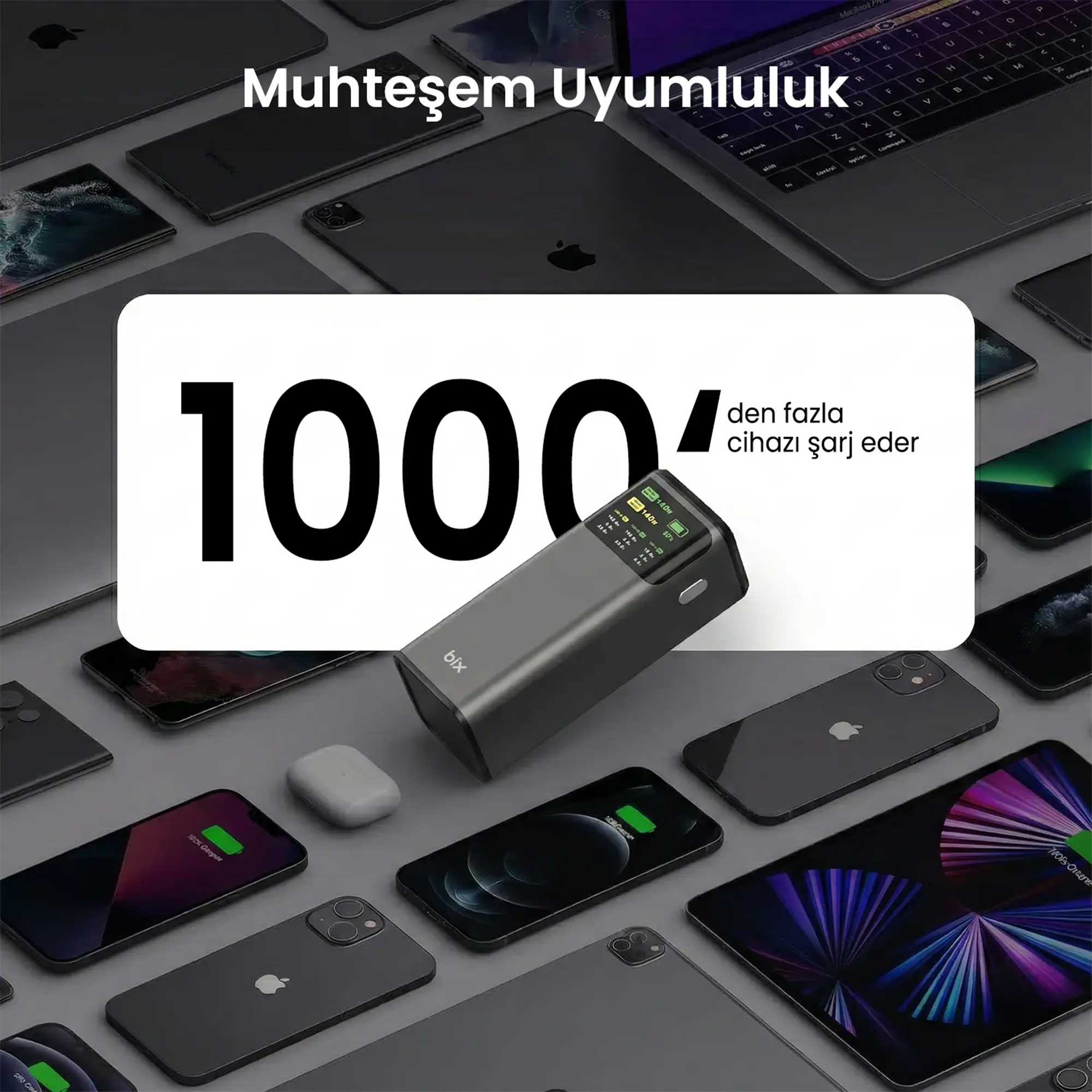 Ekranlı gri bir şarj cihazı, çeşitli Apple cihazlarıyla çevrili.