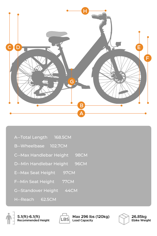 Schema di una bicicletta elettrica con dimensioni: Lunghezza totale 168,5 cm, Interasse 102,7 cm.