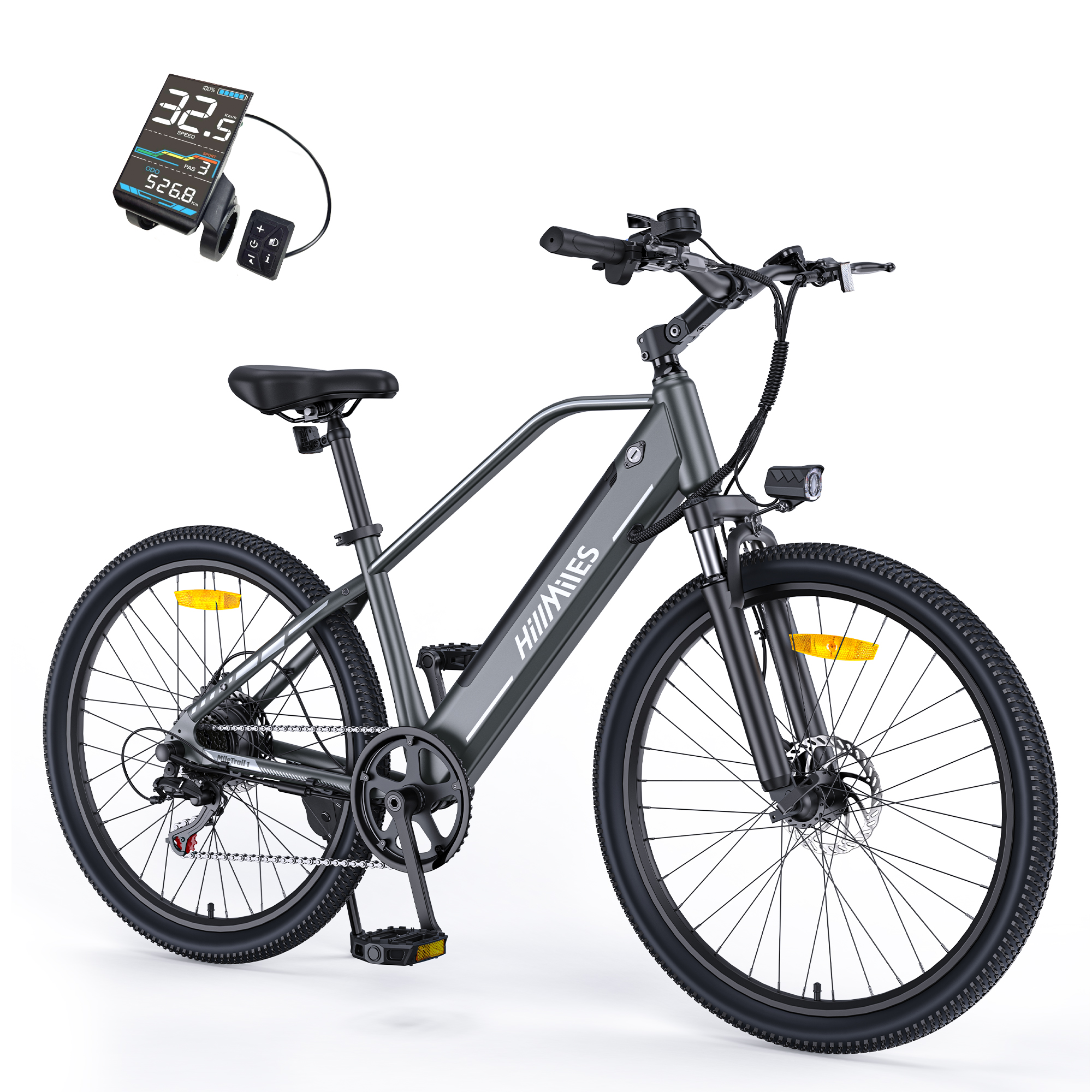 Una mountain bike elettrica grigia con display digitale che mostra velocità e chilometraggio.