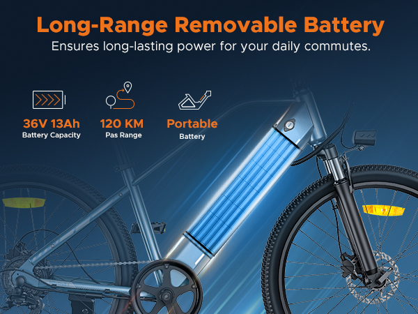 Bici elettrica con batteria rimovibile a lungo raggio, 36V 13Ah, autonomia 120 km.