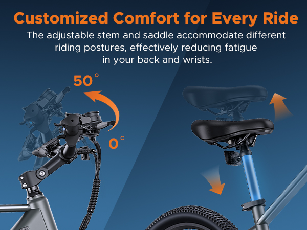 Manubrio e sella bici regolabili per comfort. Icone mostrano angolo 50° e altezza sella.