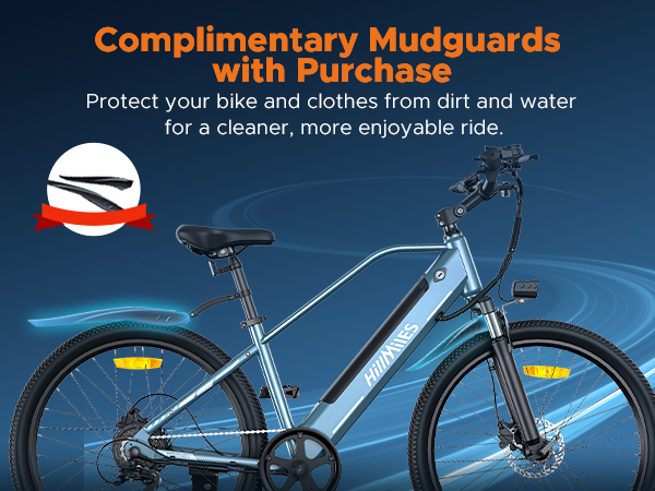 Una e-bike blu con offerta di parafanghi gratuiti. Testo sui parafanghi.