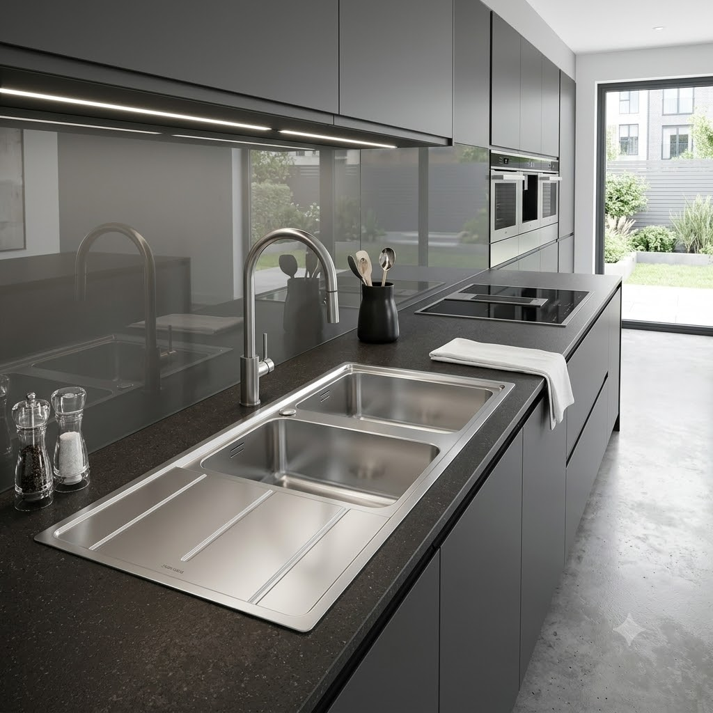 Cucina moderna con doppio lavello, rubinetto, piano cottura e saliera/peperiera.