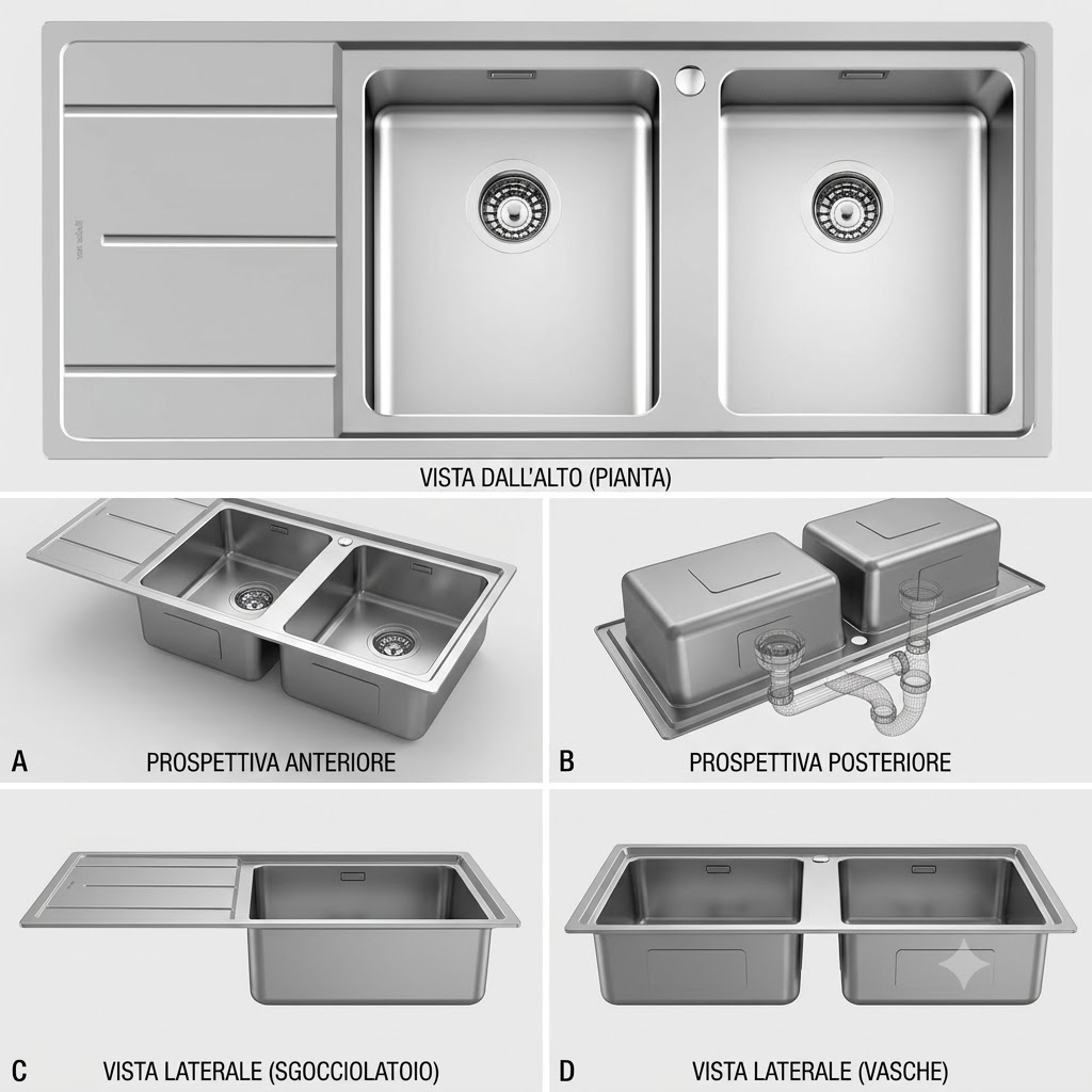Doppio lavello in acciaio inox con scolapiatti, visto dall'alto, fronte, retro e laterale.