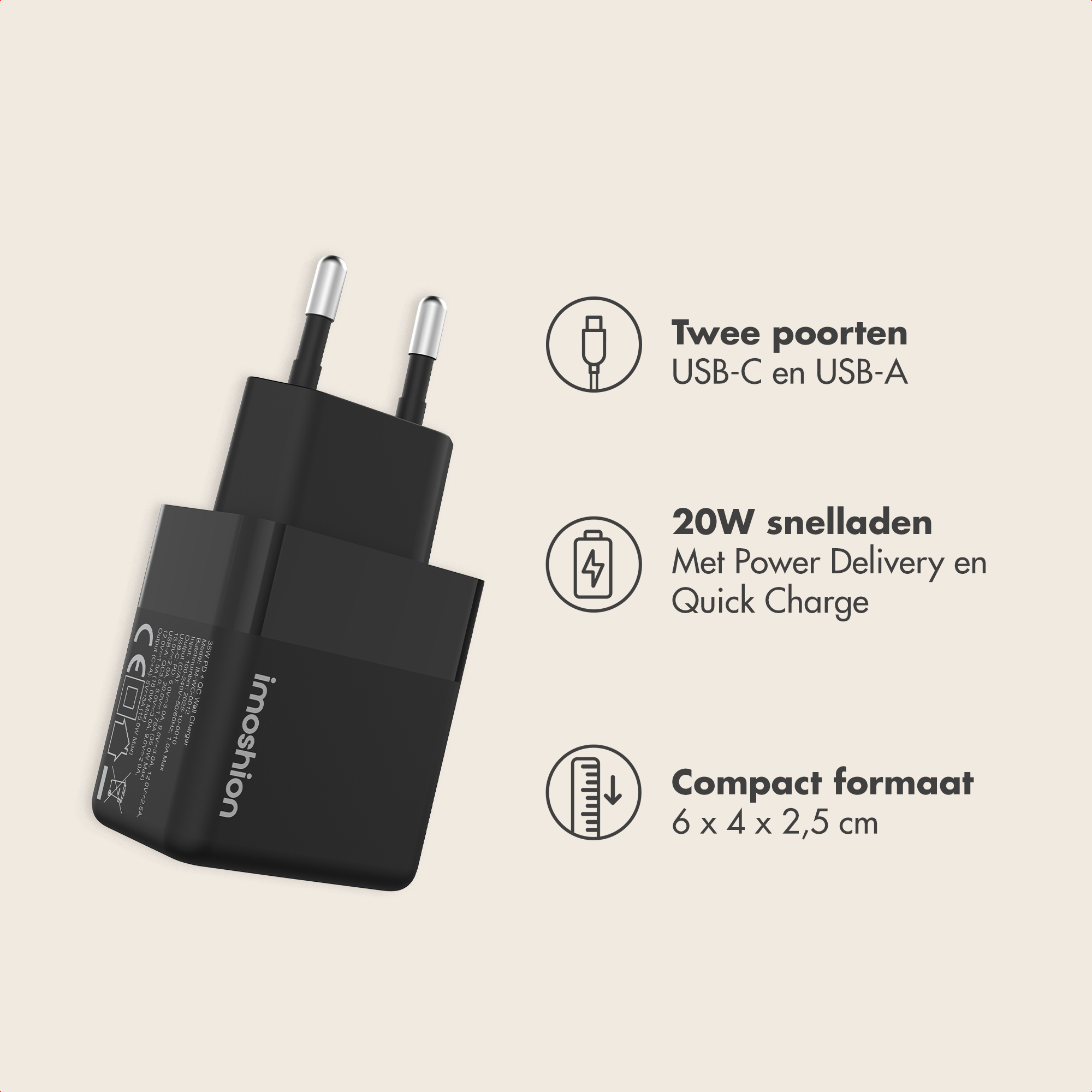 Schwarzer 35W USB-C/USB-A Ladegerät mit zwei Anschlüssen.