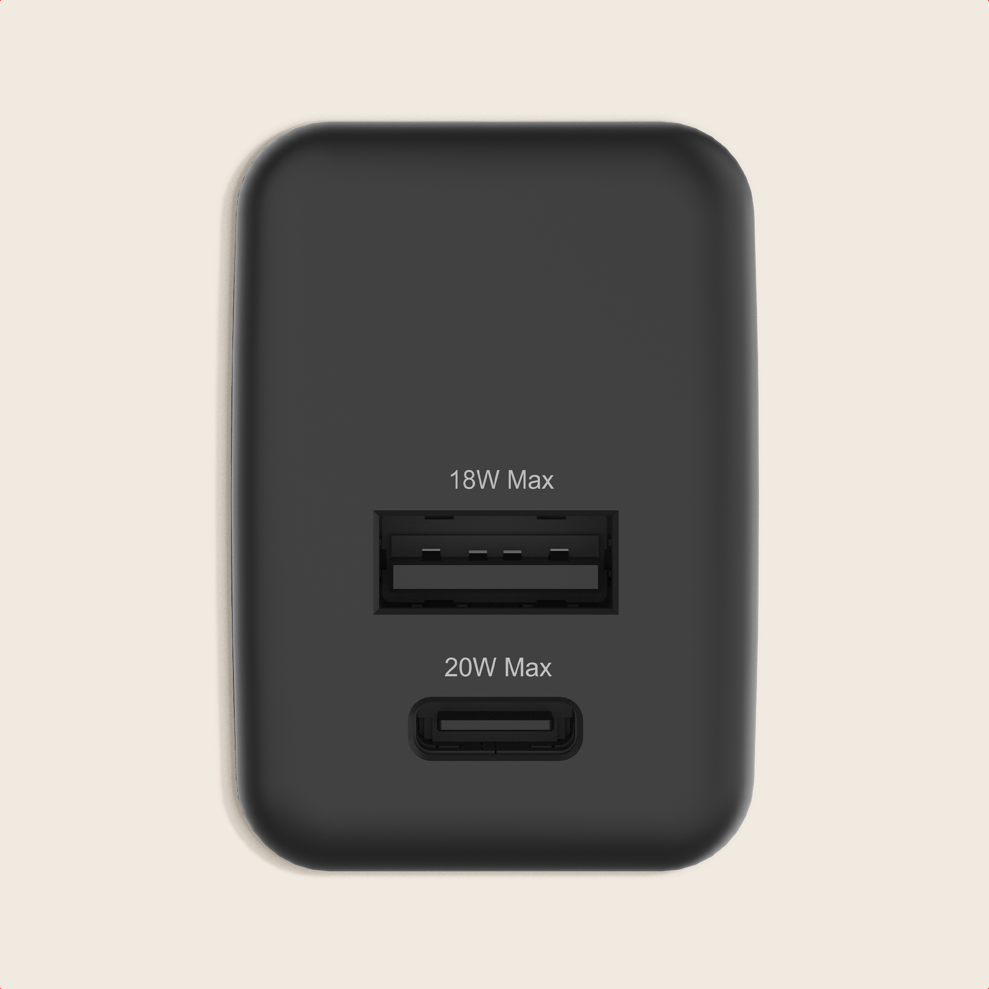 Schwarzer Netzadapter mit einem USB-A und einem USB-C Anschluss.