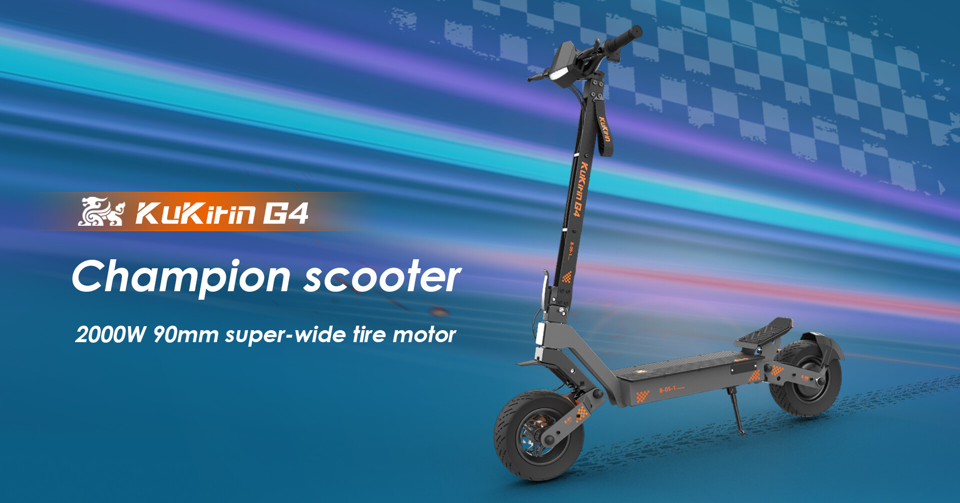 Uno scooter elettrico grigio con pneumatici larghi si erge su uno sfondo blu con strisce da corsa.