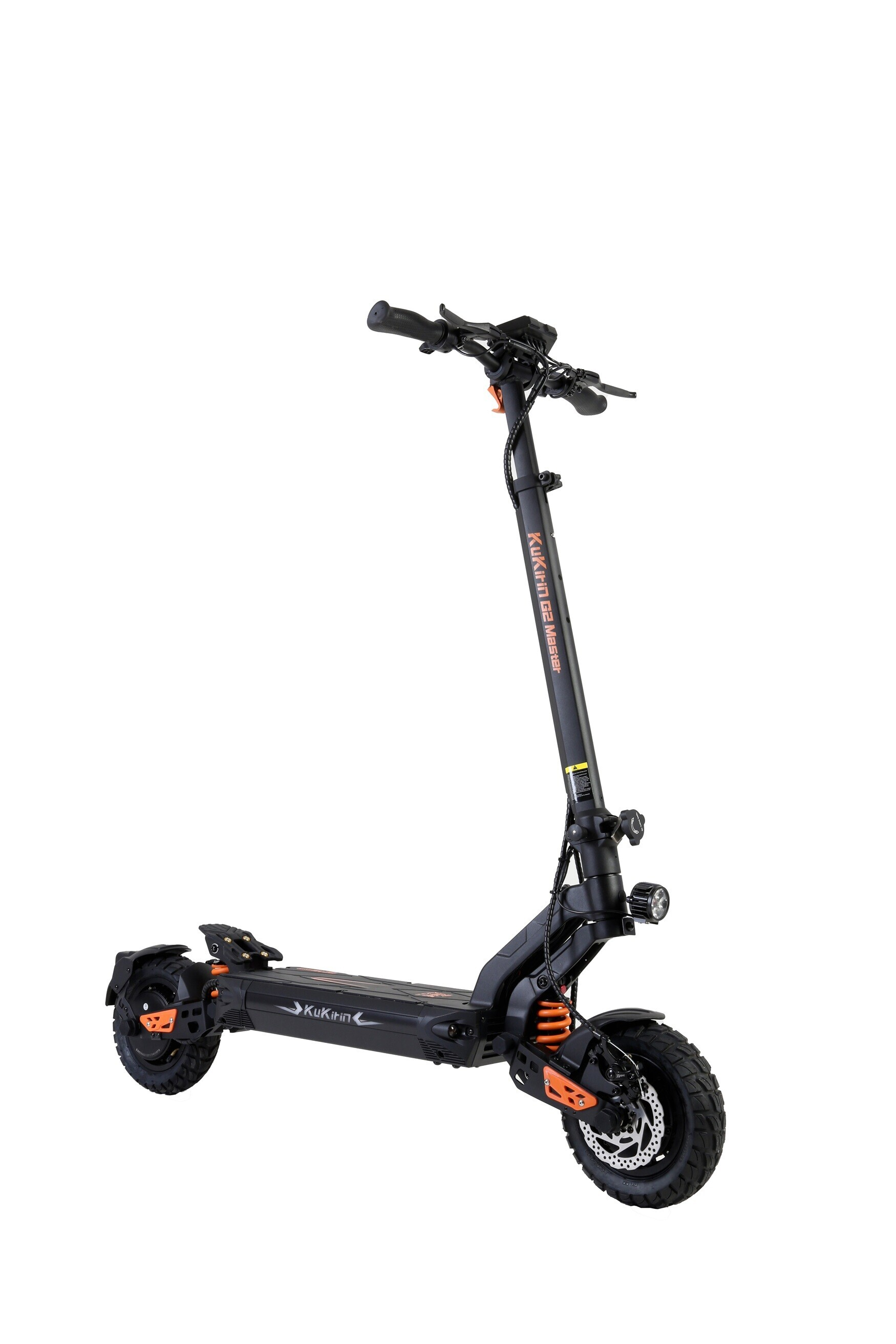 Uno scooter elettrico nero con accenti arancioni, etichettato "Kukirin G2 Master".